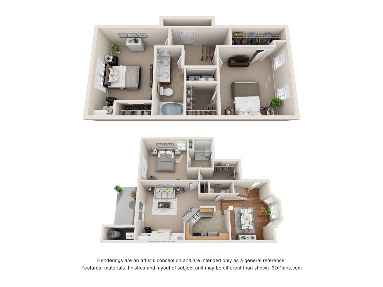 Floor plan for 3 beds, 2.5 baths, 1362 sqft